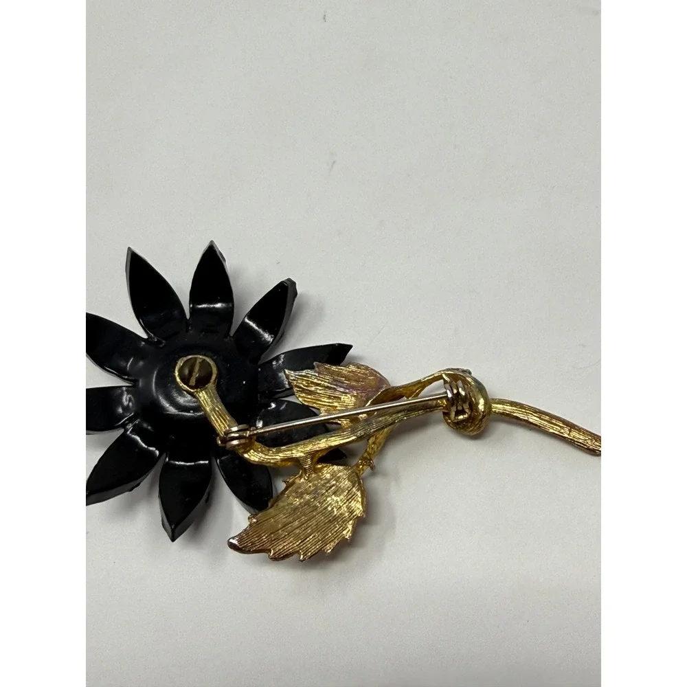 Vintage‎ Black Rhinestone Sunflower Brooch Gold Tone Stem Flower Pin Accessory